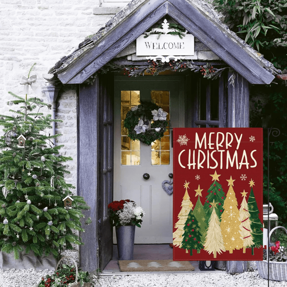 Merry Christmas Garden Flag 12x18 Inch Double Sided Outside, Christmas Trees Winter Holiday Yard Outdoor Flag Red