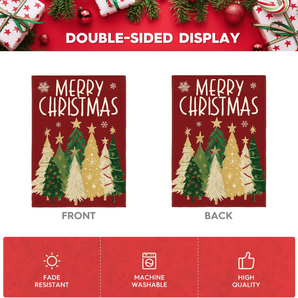 Merry Christmas Garden Flag 12x18 Inch Double Sided Outside, Christmas Trees Winter Holiday Yard Outdoor Flag Red
