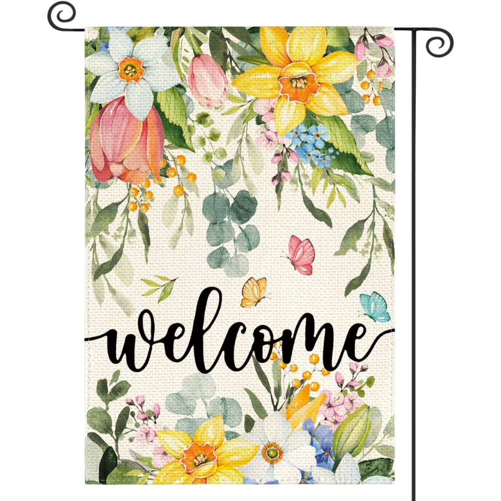 Spring Flowers Welcome Garden Flag - Double Sided Floral Butterfly Yard Decor - Premium Spun Polyester, Weather Resistant