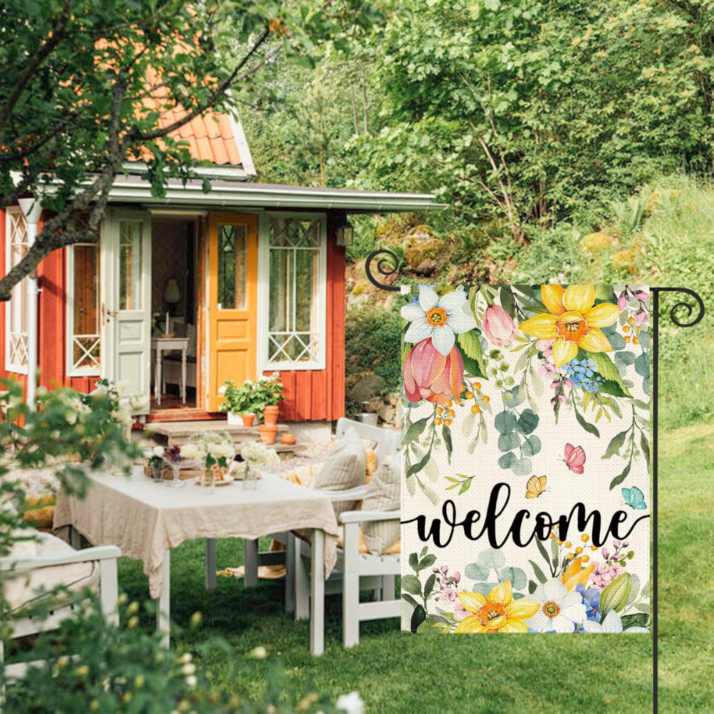 Spring Flowers Welcome Garden Flag - Double Sided Floral Butterfly Yard Decor - Premium Spun Polyester, Weather Resistant