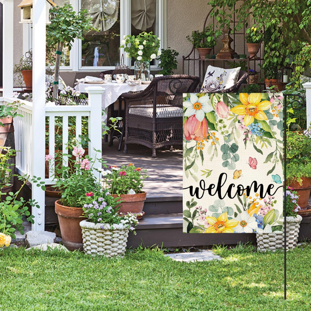 Spring Flowers Welcome Garden Flag - Double Sided Floral Butterfly Yard Decor - Premium Spun Polyester, Weather Resistant