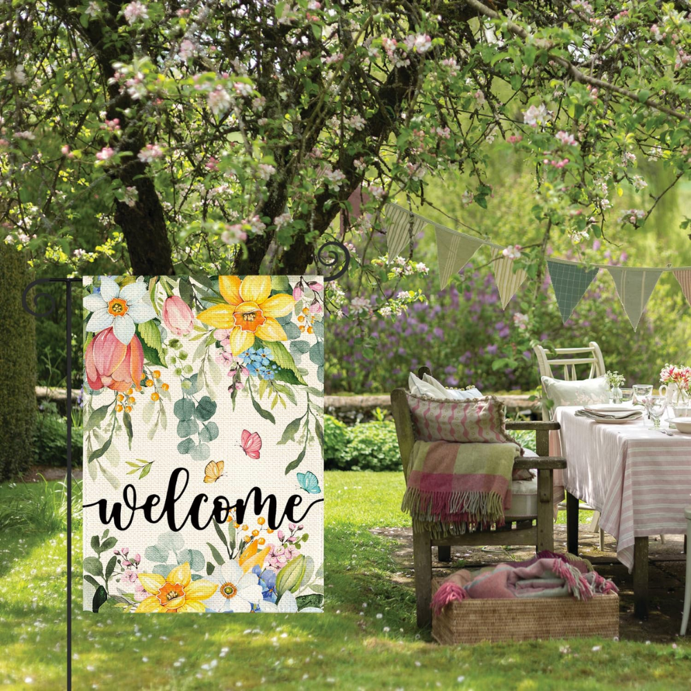 Spring Flowers Welcome Garden Flag - Double Sided Floral Butterfly Yard Decor - Premium Spun Polyester, Weather Resistant