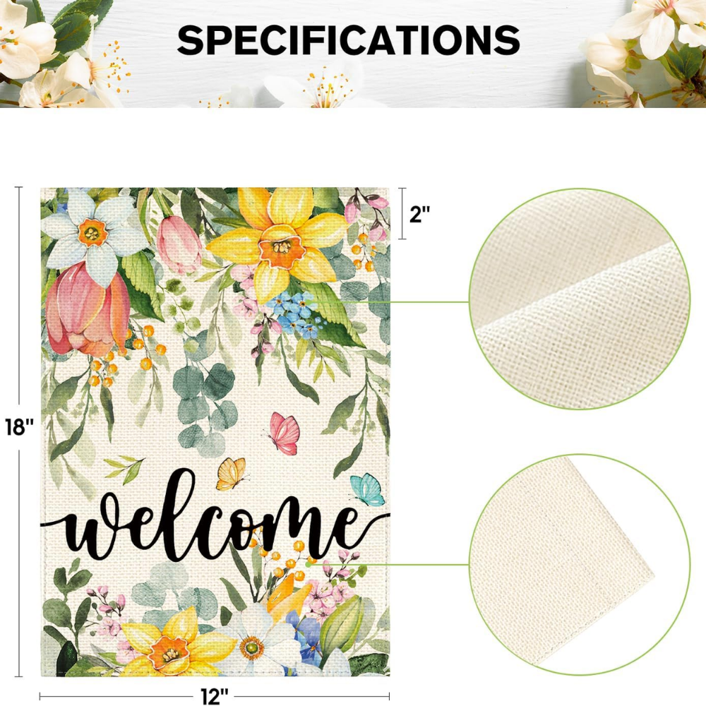 Spring Flowers Welcome Garden Flag - Double Sided Floral Butterfly Yard Decor - Premium Spun Polyester, Weather Resistant