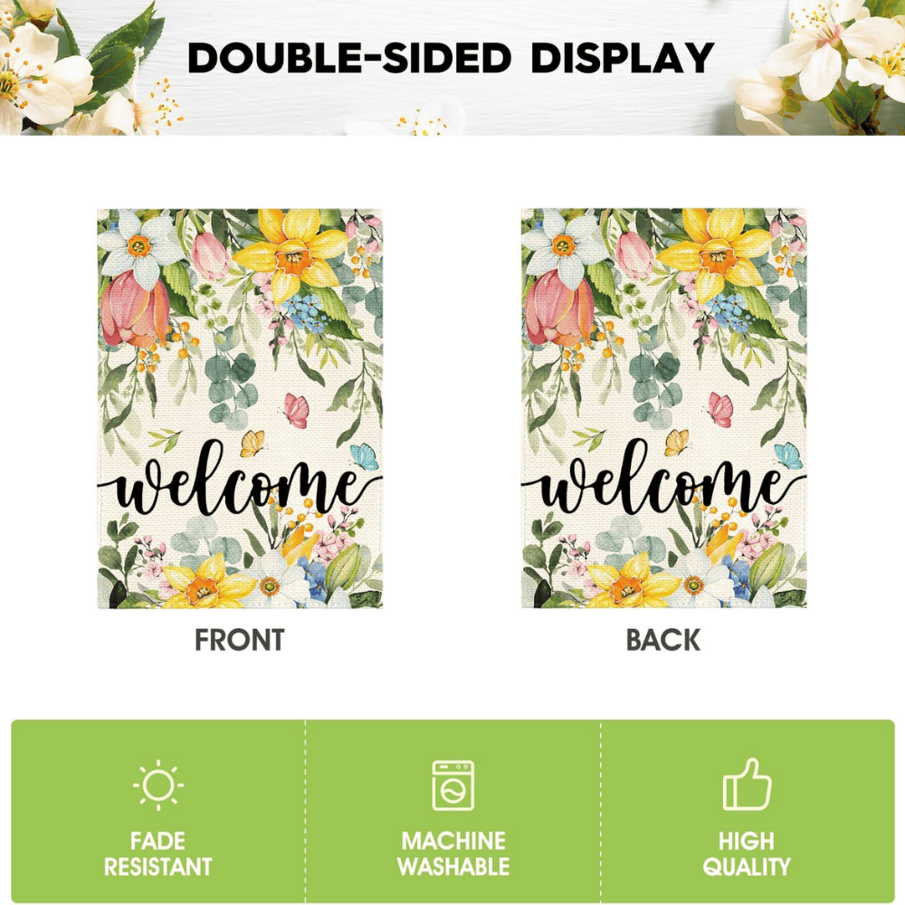 Spring Flowers Welcome Garden Flag - Double Sided Floral Butterfly Yard Decor - Premium Spun Polyester, Weather Resistant