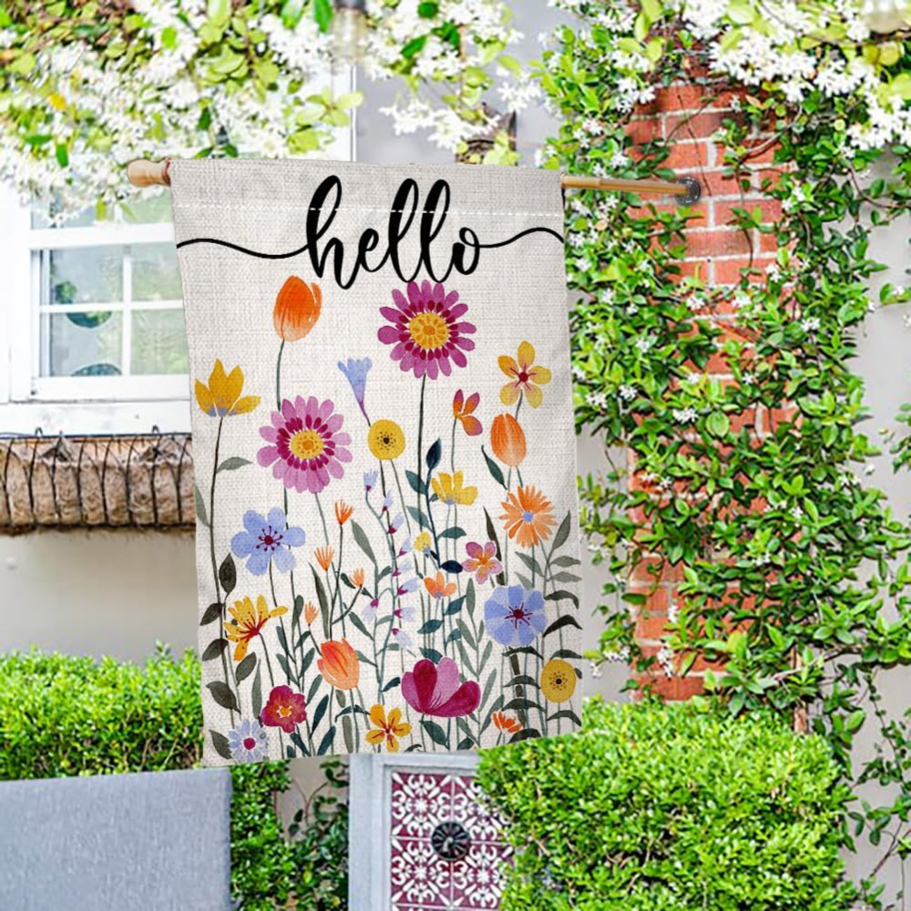 Hello Spring Floral House Flag - Double Sided Colorful Flowers Summer Farmhouse Decor - Premium Burlap, Fade Resistant Large Vertical Yard Flag