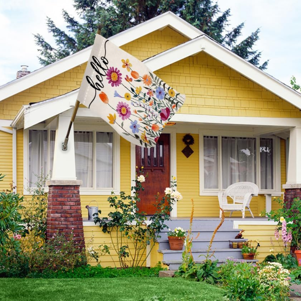 Hello Spring Floral House Flag - Double Sided Colorful Flowers Summer Farmhouse Decor - Premium Burlap, Fade Resistant Large Vertical Yard Flag