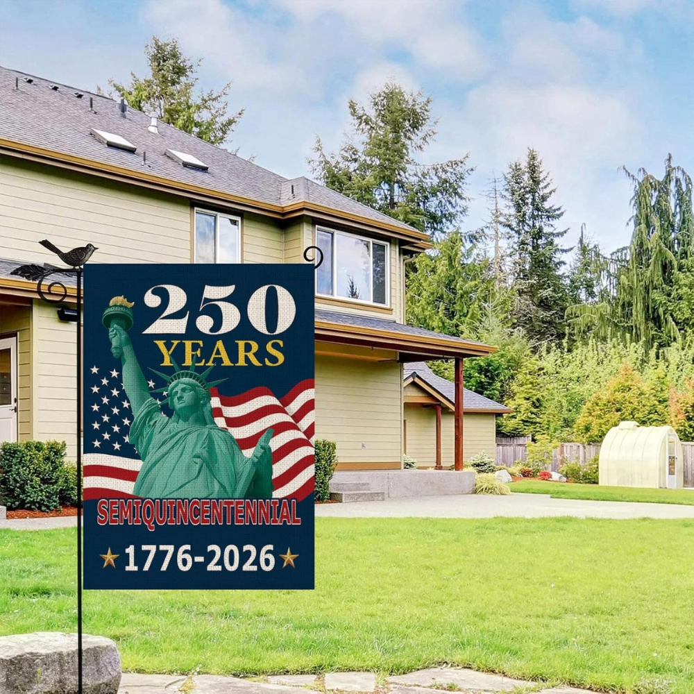 250 Years America House Flag - 250th Anniversary USA Patriotic Double-Sided Banner - Statue of Liberty & Fireworks Design 1776-2026 - Premium Linen
