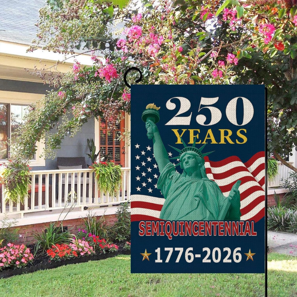 250 Years America House Flag - 250th Anniversary USA Patriotic Double-Sided Banner - Statue of Liberty & Fireworks Design 1776-2026 - Premium Linen